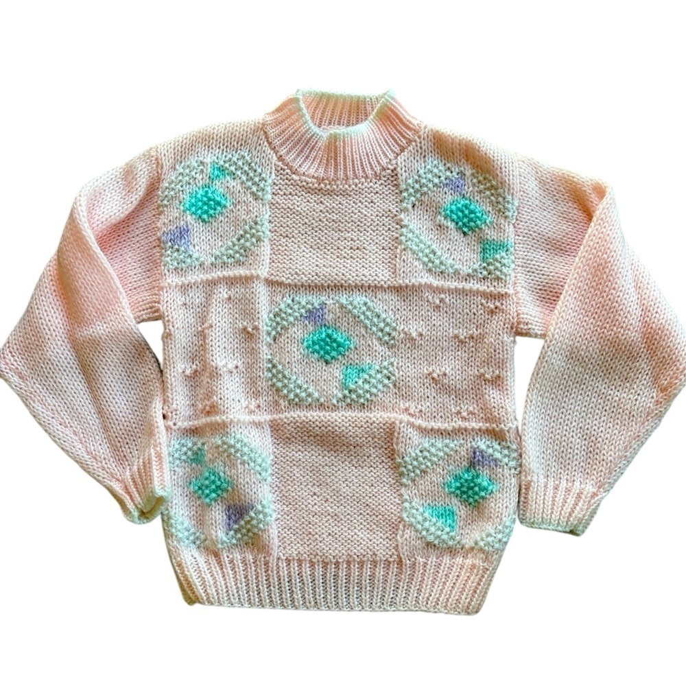 VTG 80’S Knit Sweater Sz M Pastel Pink Snowflake Mock Neck Chunky Cottagecore
